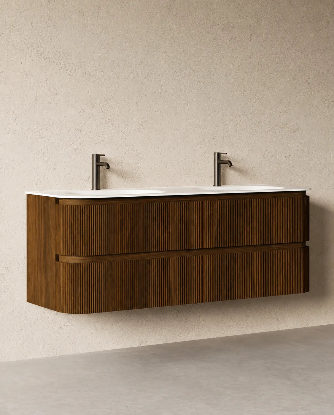 Meuble double vasque Jade 150x50 cm – Noyer foncé et résine minérale blanc mat