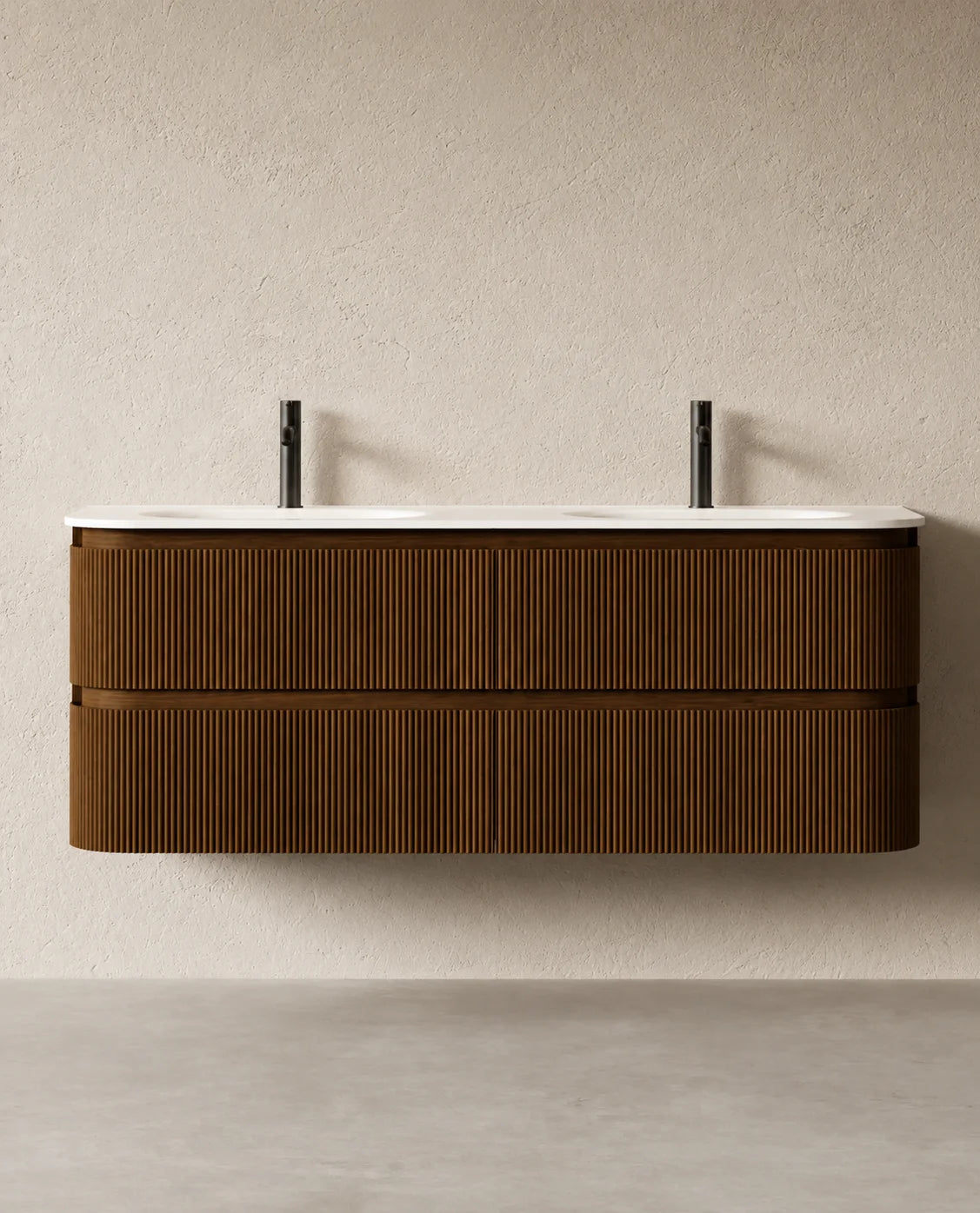 Meuble double vasque Jade 150x50 cm – Noyer foncé et résine minérale blanc mat